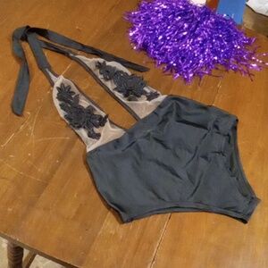Lacy black floral shorts halter top bodysuit small